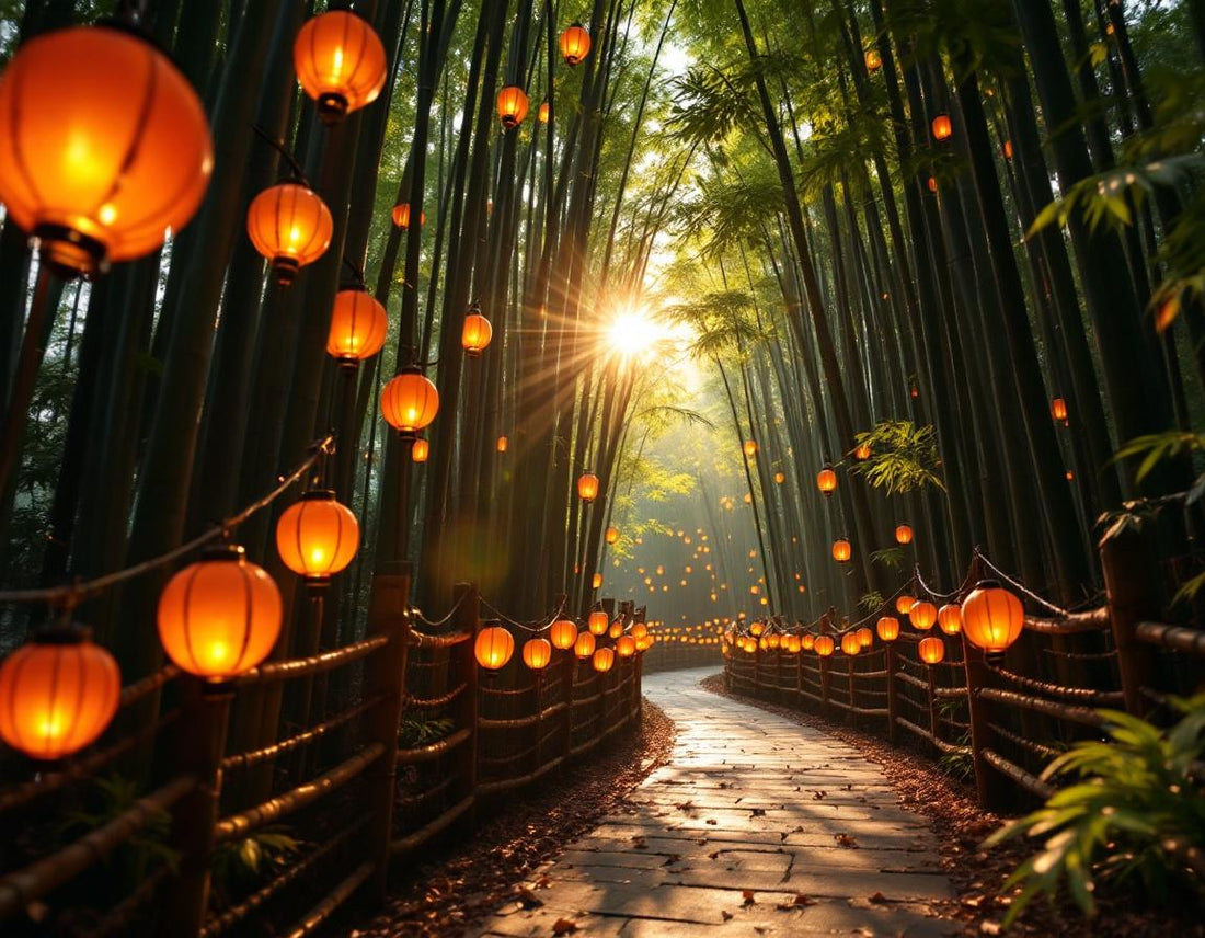 Blogueur à l'aube dans un bosquet de bambous à Kyoto, lumière dorée inspirant japon blog voyage