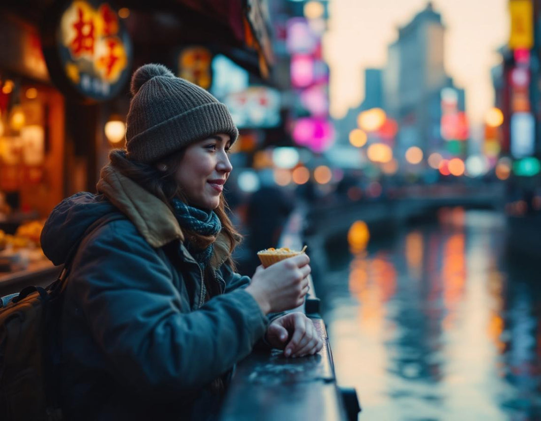 Un voyageur dégustant des spécialités près du canal de Dōtonbori au coucher du soleil, visiter osaka