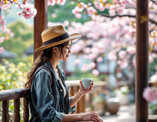 voyage organise japon: Touriste savourant matcha sur véranda fleurie de cerisier, moment sérénité.
