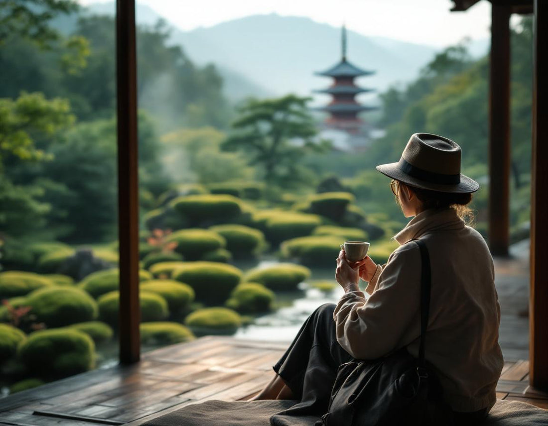 Voyageur sirotant du matcha dans une véranda de ryokan, vue sur jardin zen–blog japon voyage