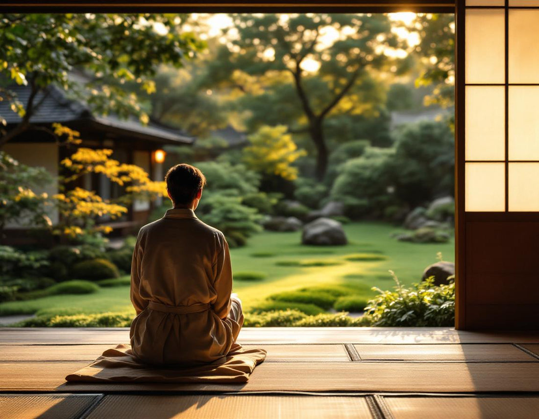 Un hôte en kimono contemple un jardin moussu au petit matin dans un japanese ryokan kyoto apaisant.
