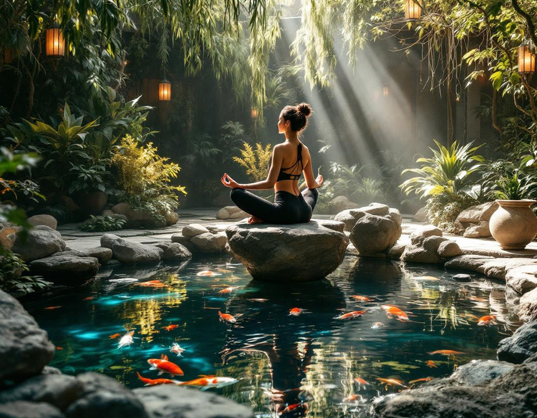 Femme en yoga près d’un étang dans un kyoto garden kensington zen, végétation et ambiance sereine.