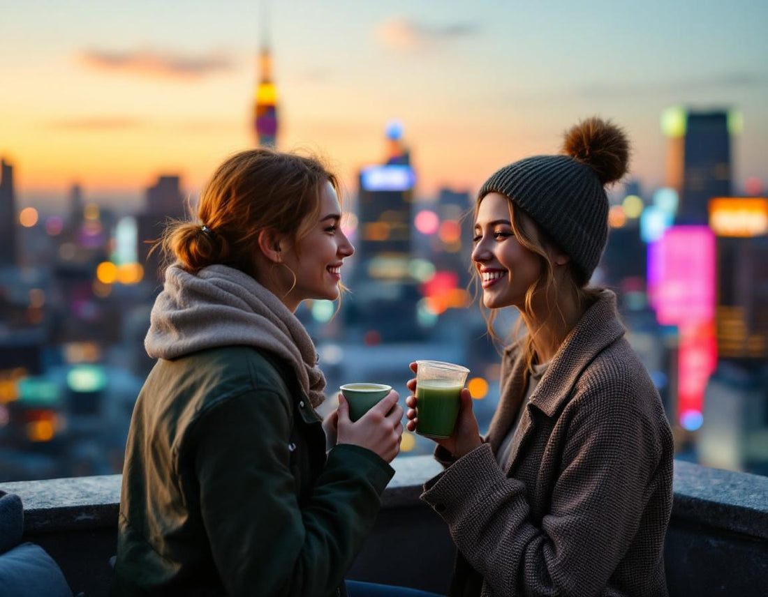 Un voyageur boit un matcha sur un rooftop éclairé aux néons, symbole d'une tokyo visite aspirante