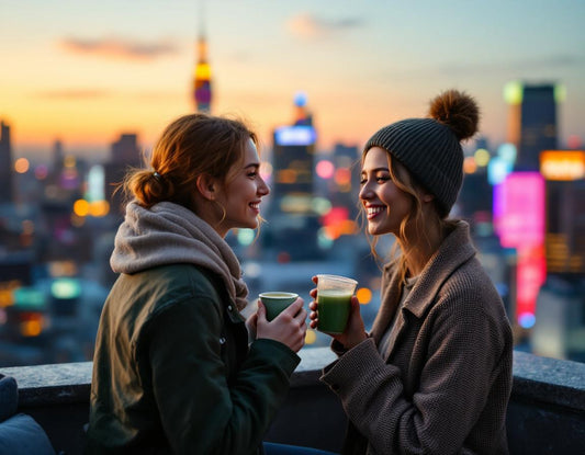 Un voyageur boit un matcha sur un rooftop éclairé aux néons, symbole d'une tokyo visite aspirante