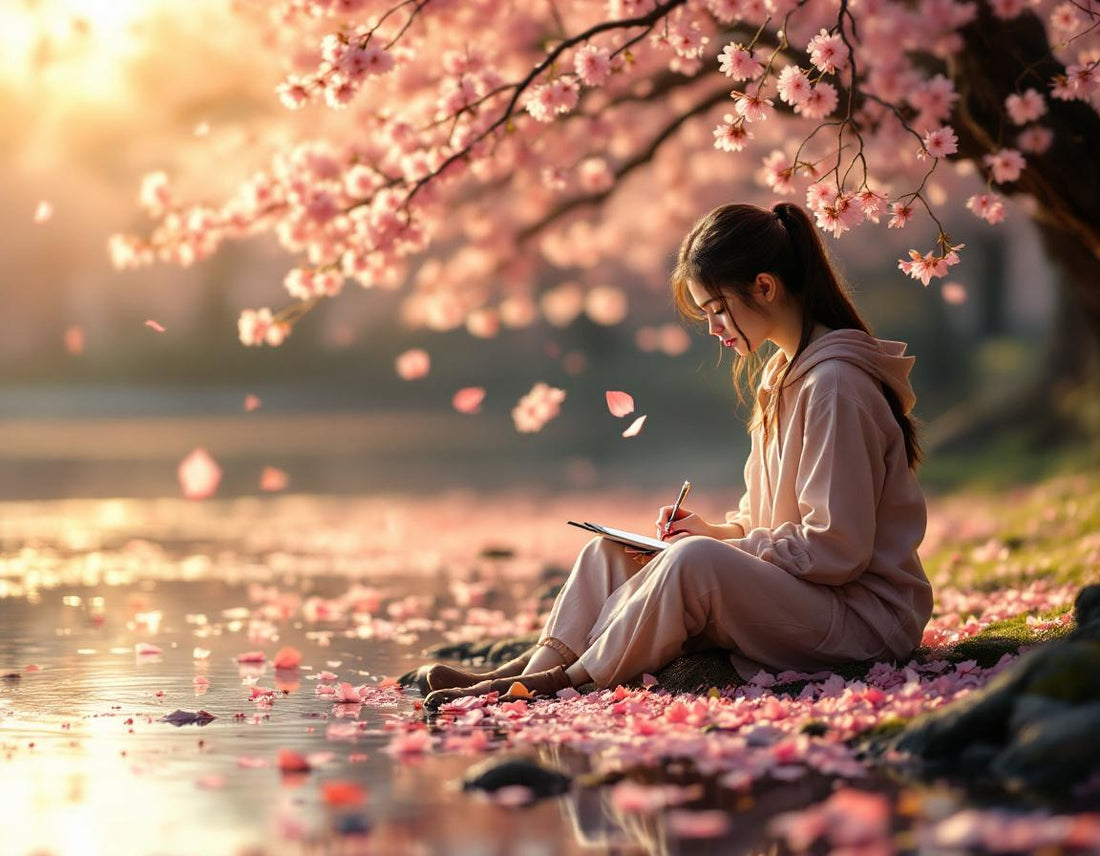 Artiste dessinant sous un arbre sakura en fleurs, pétales roses flottant doucement.