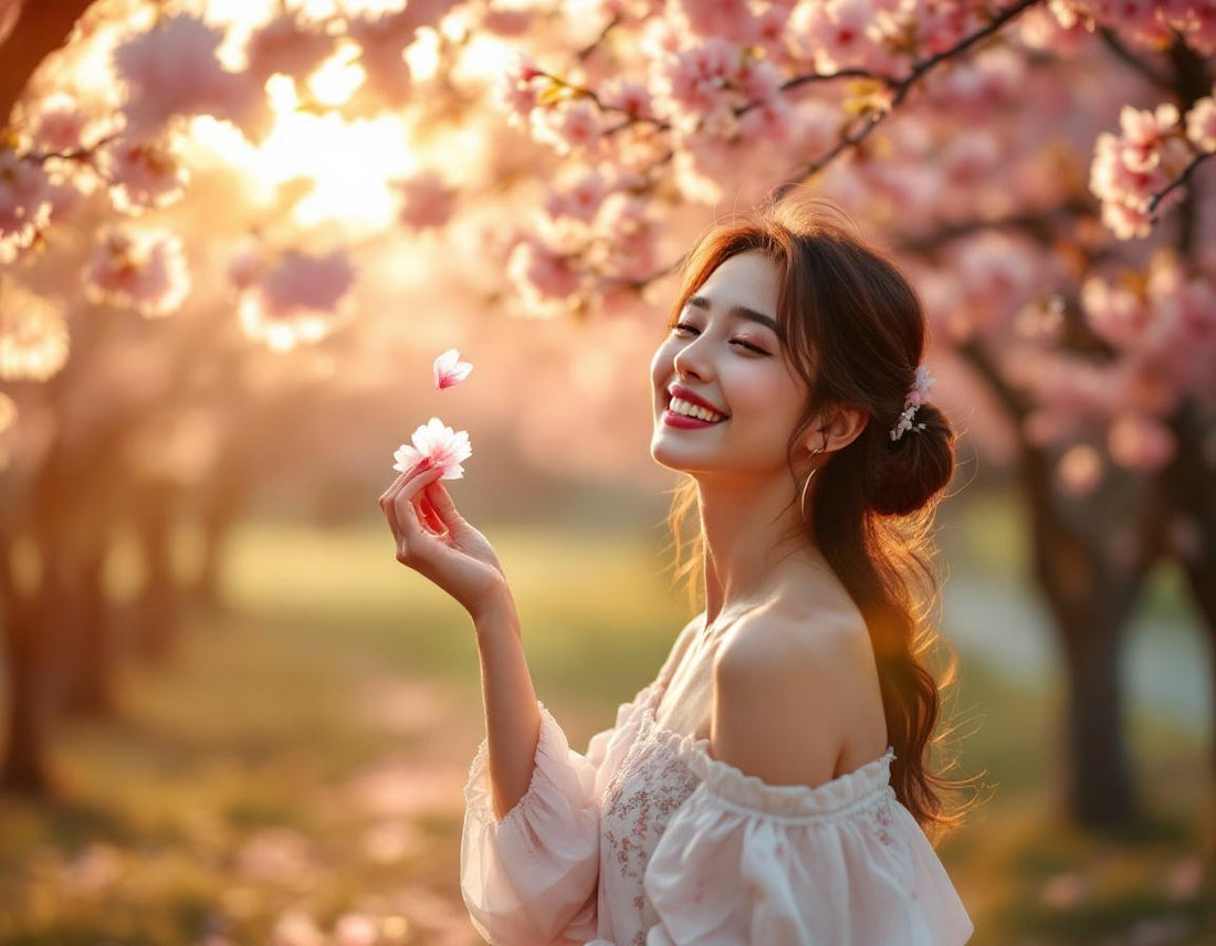 Femme dans un bosquet de cerisiers en fleurs attrape un pétale rose avec grâce, fleur de sakura.