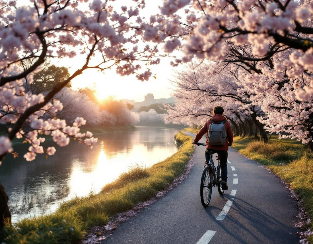 Un cycliste longe un chemin de pétales sakura en voyage tokyo to kyoto japan au doux soir doré.