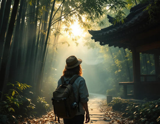 Voyageur dans forêt de bambous vers un temple au lever du soleil. japon guide voyage