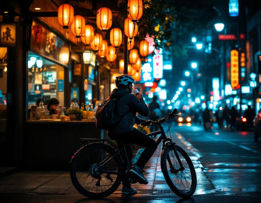Un cycliste roule à Shinjuku, Tokyo à visiter, sous néons et lanternes, reflets dans l’eau de ruelle.