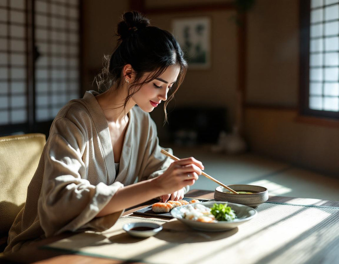 Une femme déguste sushi et matcha dans une élégante kyoto dining avec tatami et lanternes en papier.