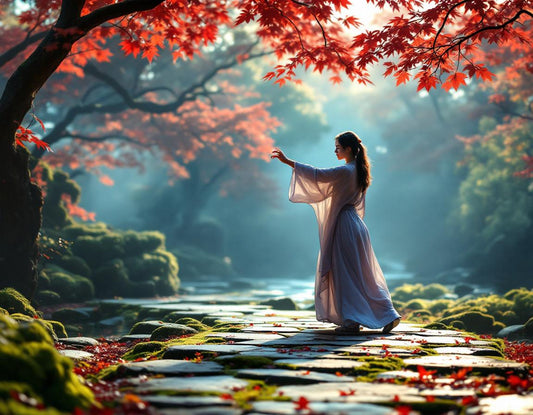 Femme en Tai Chi sur un chemin de pierre moussu dans un kyoto garden paisible au lever du jour.