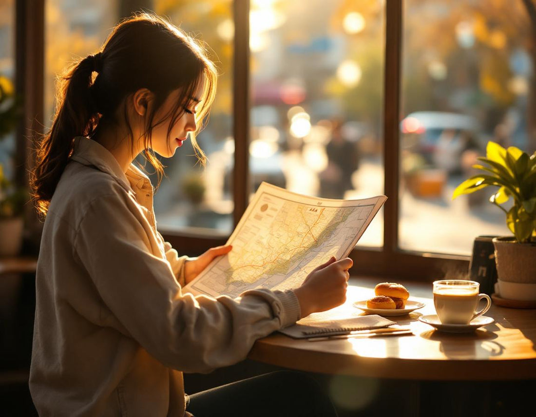Jeune voyageuse consulte la carte osaka japon sur une terrasse de café baignée de soleil.
