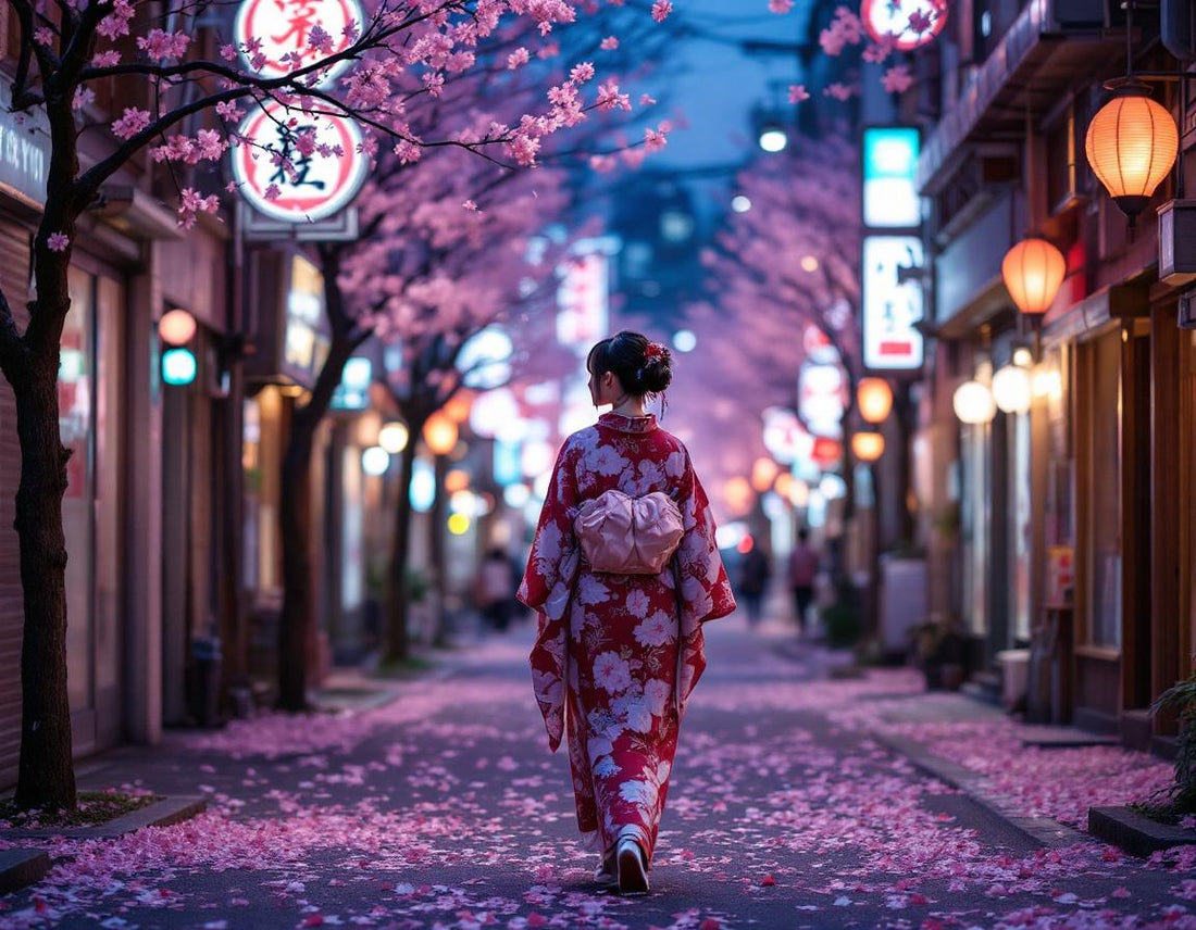 Jeune femme en kimono déambulant sous les lanternes à Tokyo évoquant un japon tokyo voyage poétique.