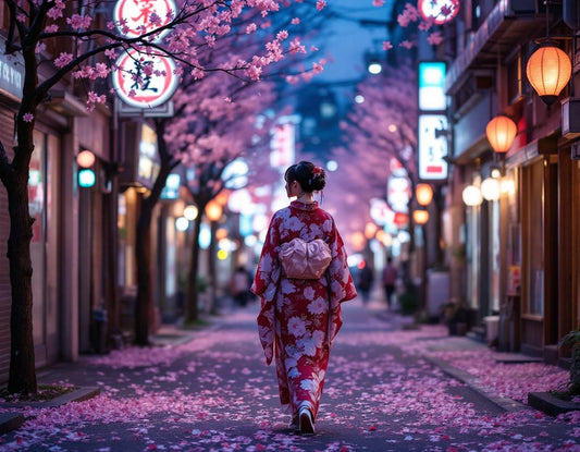 Jeune femme en kimono déambulant sous les lanternes à Tokyo évoquant un japon tokyo voyage poétique.
