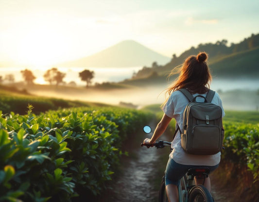  Un cycliste parcourt les champs de thé paisibles de kyūshū, Mt Aso embrumé à l’horizon