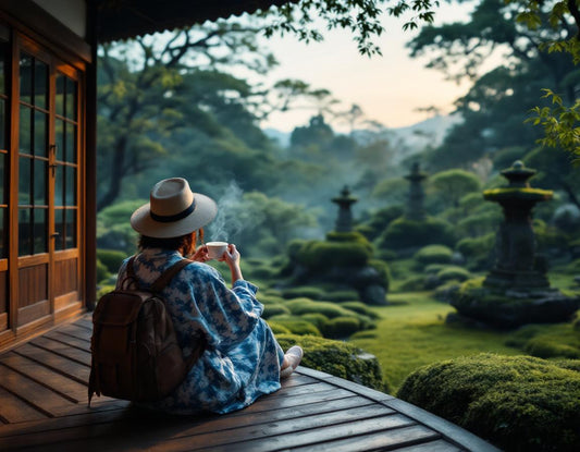 Au ryokan osaka, un invité en yukata se détend devant le jardin zen, dans une atmosphère sereine.