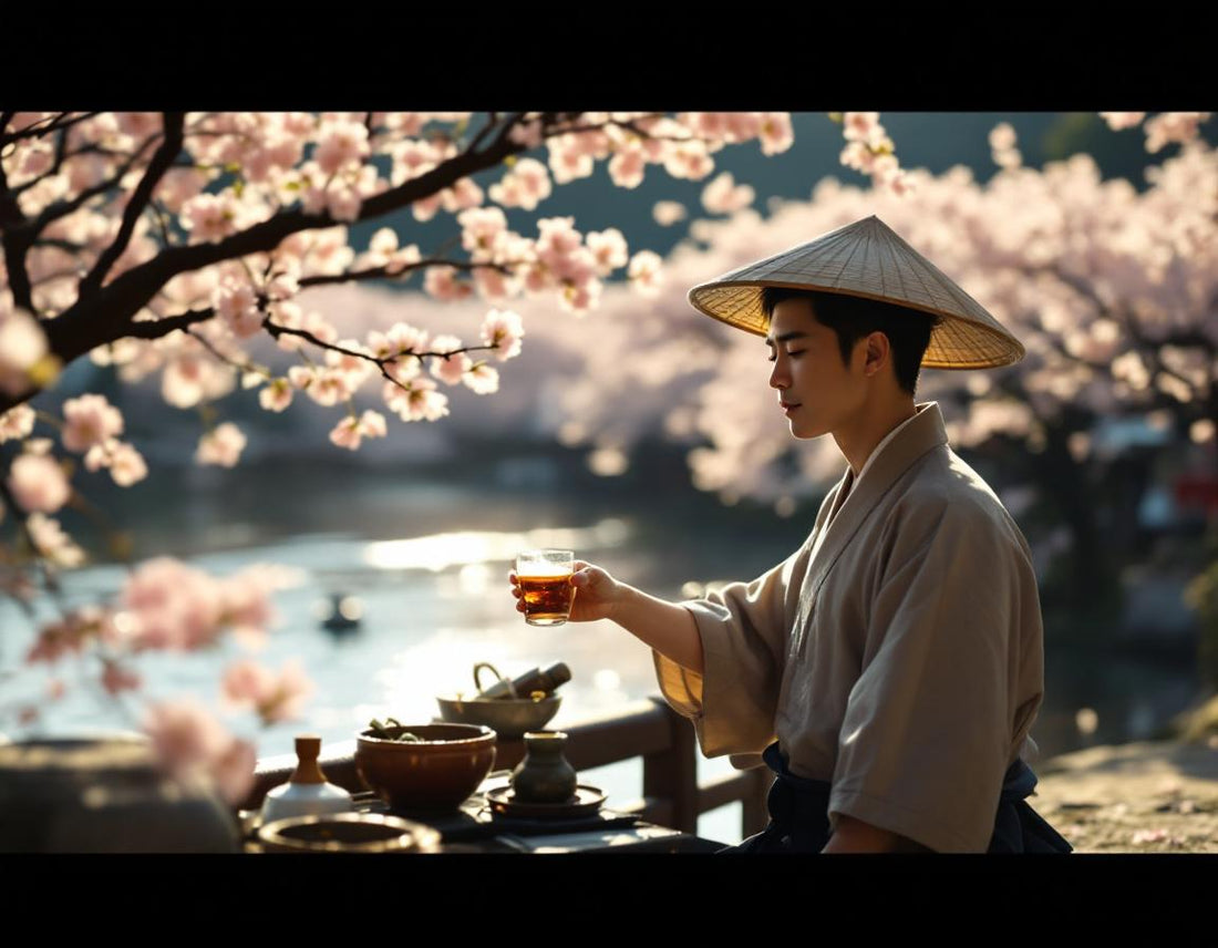 Brasseur de saké traditionnel en bord de Kamogawa, cerisiers en fleurs dans kyoto shi, lumière dorée
