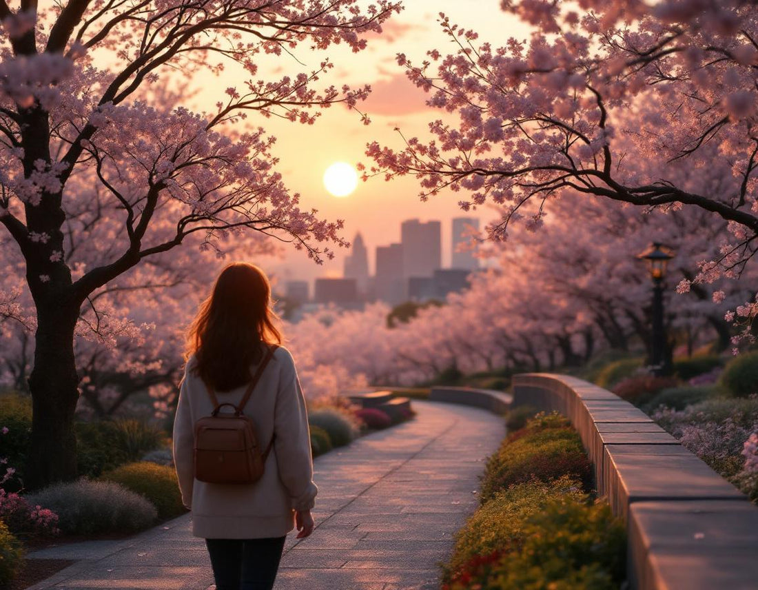 Femme dans un jardin mémorial au crépuscule, cerisiers en fleurs, évoquant hiroshima bombe.