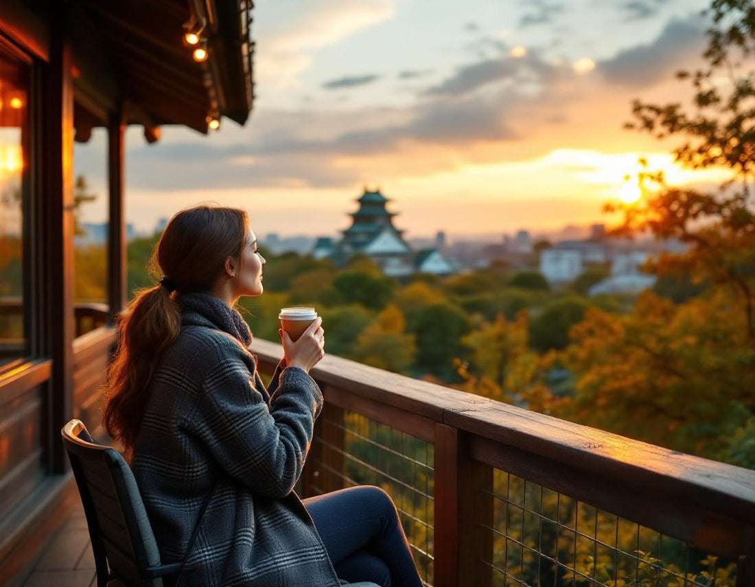 Voyageur dégustant un matcha en terrasse devant le château d'Osaka, osaka quoi visiter
