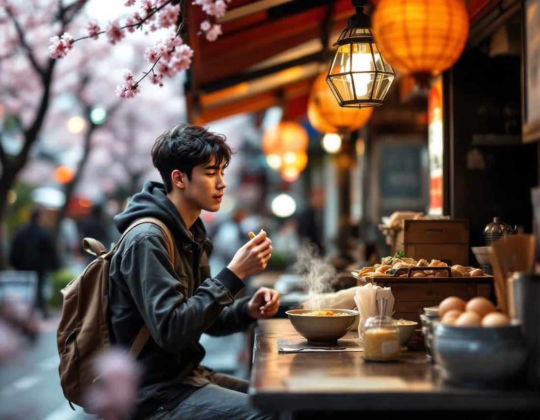 Un voyageur goûte des ramen sous les cerisiers de Tokyo, illustrant le cout d un voyage au japon.