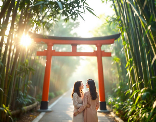 Couple sous un torii rouge au cœur d’un bosquet de bambous, symbole du voyage organise au japon