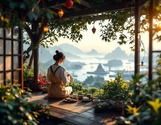 Artisan verse du thé dans un jardin de Nagasaki et Hiroshima, mer brumeuse et îles lointaines.