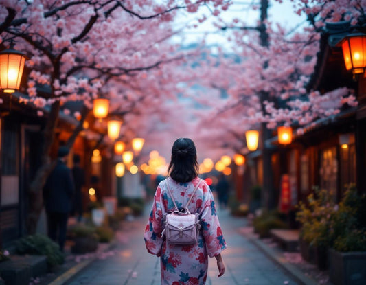Voyageur en kimono sous lanternes et cerisiers, ambiance nippone agence de voyage pour japon