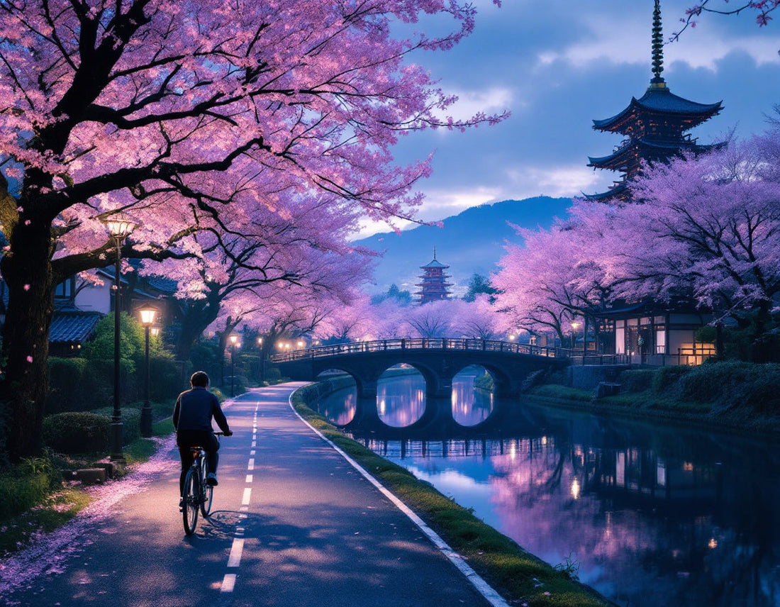 Un cycliste sous les cerisiers le long du canal de Kyoto, voyage japon circuit, lumière douce.