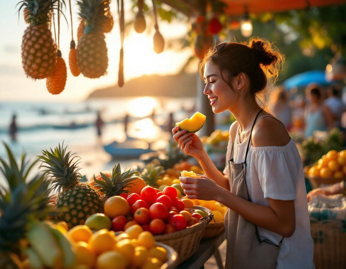 Jeune voyageur dégustant des fruits tropicaux dans un marché au japon okinawa, ambiance dorée