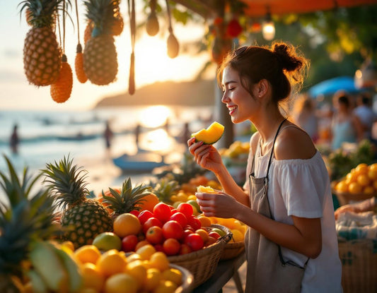 Jeune voyageur dégustant des fruits tropicaux dans un marché au japon okinawa, ambiance dorée