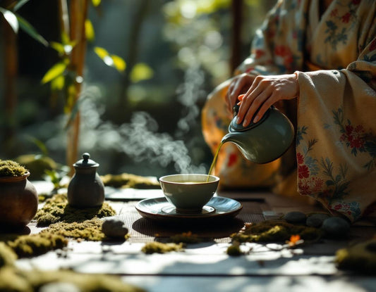 Élégante cérémonie de thé sous bambous, ambiance sereine et traditionnelle, kyoto le petit japon.