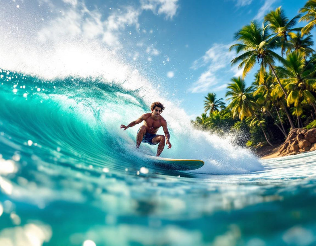 Surfeur sculptant une vague turquoise le long des côtes d'Okinawa Prefecture Japan sous un ciel doré