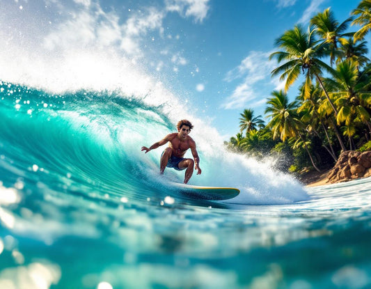 Surfeur sculptant une vague turquoise le long des côtes d'Okinawa Prefecture Japan sous un ciel doré