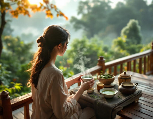 Femme dégustant un matcha sur véranda en bois à Kyoto, entourée d’érables rouges et de brume.