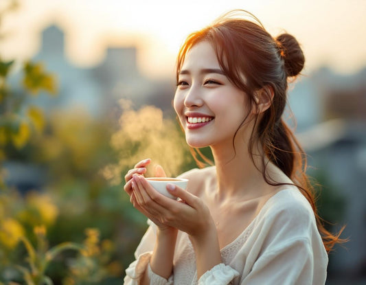 Femme savoure une brume sur un toit d’Osaka, osaka beauté rayonnante et élégance urbaine.