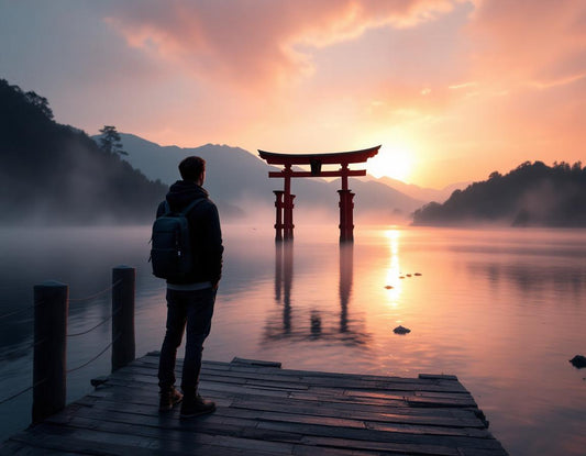 Photo d'un voyageur sur une jetée face au torii flottant d'itsukushima hiroshima, dans une brume.