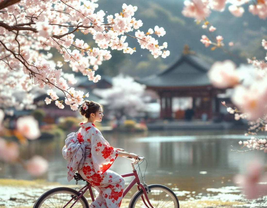 Femme en kimono à vélo sous des cerisiers près d'un étang à kyoto préfecture de kyoto japon