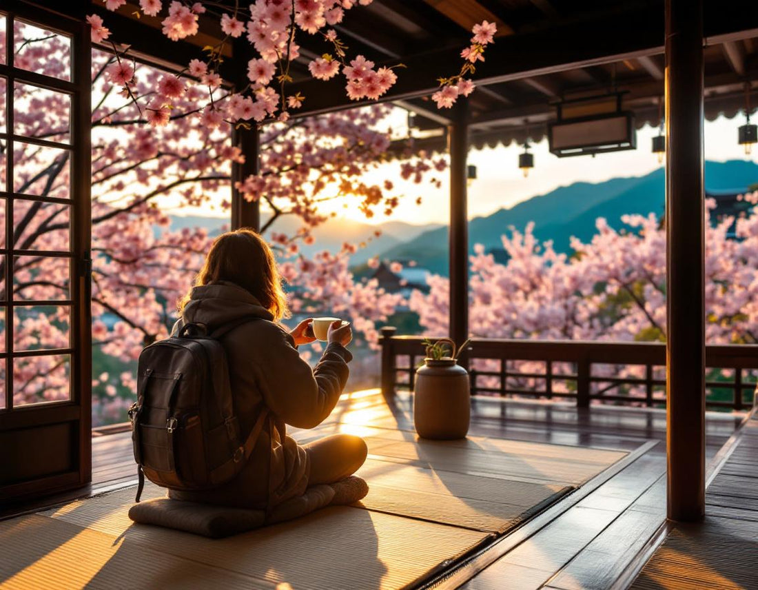 Un voyage au japon tout compris: voyageur sirotant matcha sur véranda face aux cerisiers en fleurs.