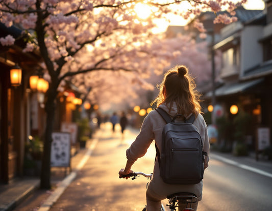 Cycliste sous cerisiers en fleurs à Kyoto en lumière dorée, guide voyage japon, décor traditionnel