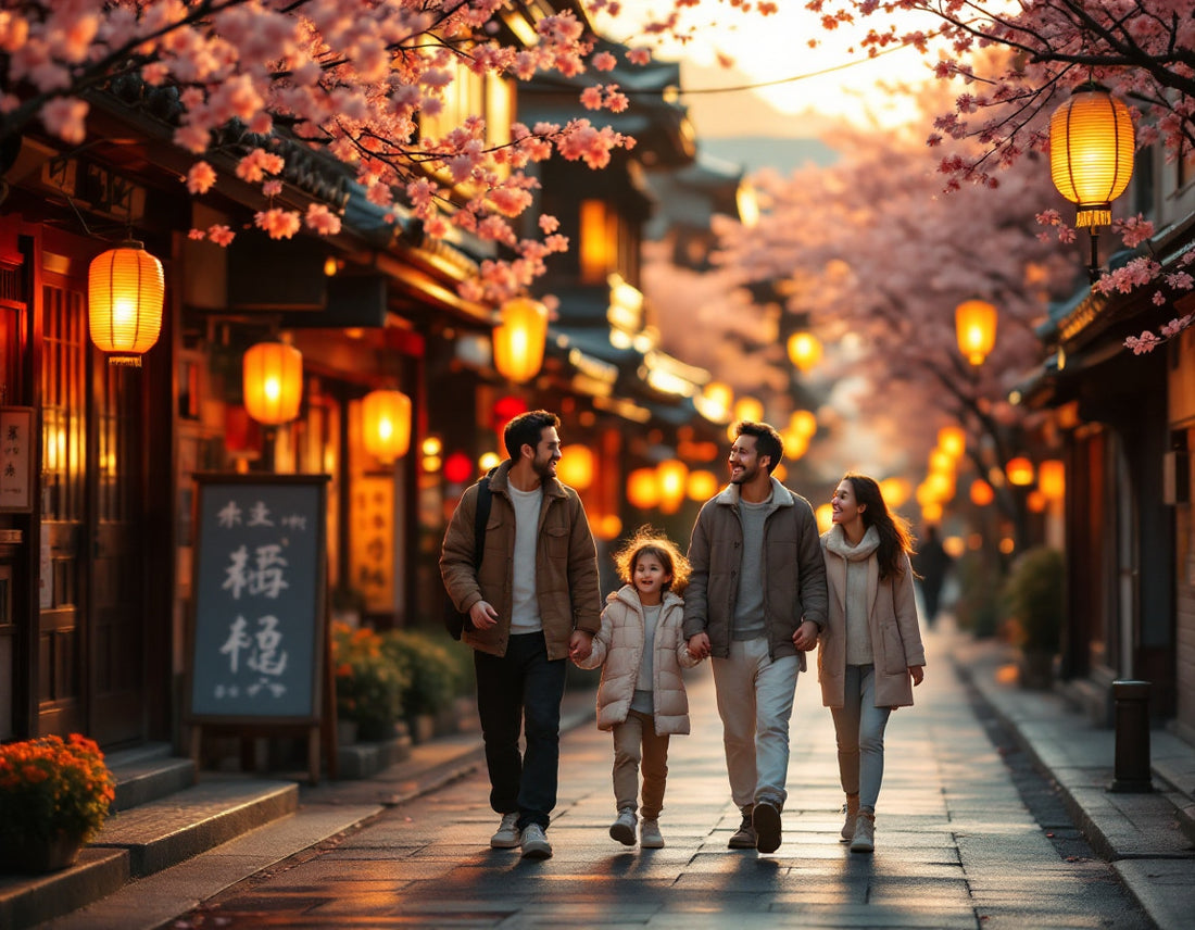 Famille sous lanternes à Kyoto, cerisiers en fleur, évoque un voyage au japon en famille.