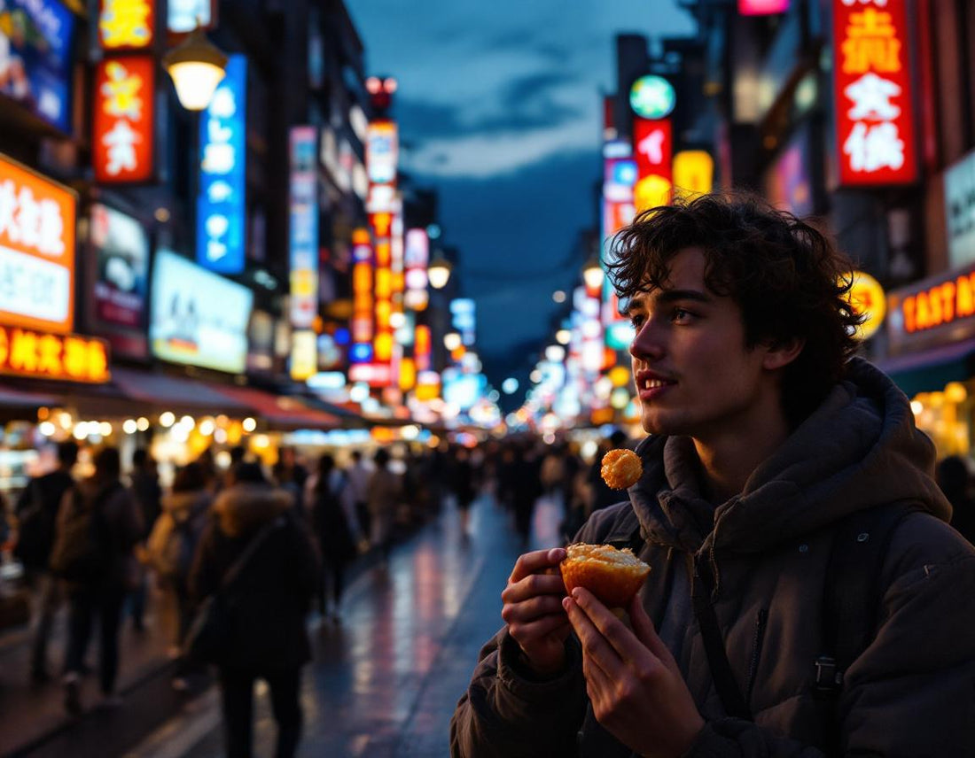 Voyageur dégustant takoyaki au bord du canal Dotonbori, néons vibrants, osaka que visiter.