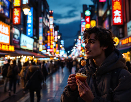 Voyageur dégustant takoyaki au bord du canal Dotonbori, néons vibrants, osaka que visiter.