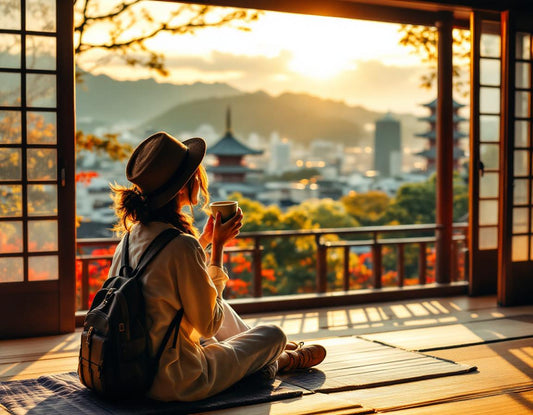 Voyageur buvant du matcha sur une veranda à Kyoto, illustrant le cout d'un voyage au japon.