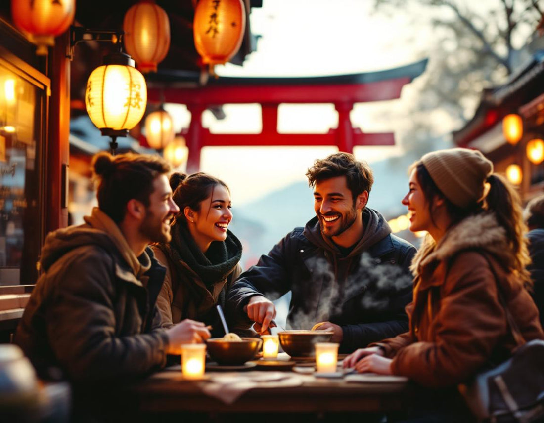 Un groupe rit autour d’un bol de ramen à Kyoto lors d’un voyage organisé japon sous lanternes.