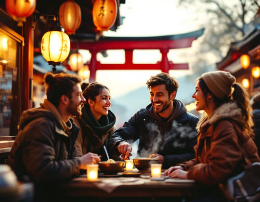 Un groupe rit autour d’un bol de ramen à Kyoto lors d’un voyage organisé japon sous lanternes.