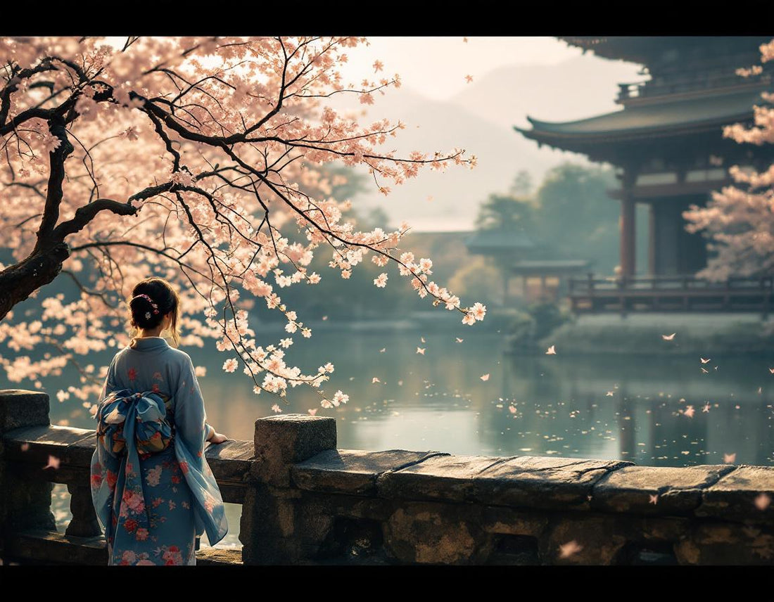 Voyageur en kimono admire l’étang du rokuon ji temple kyoto, cerisiers bercés par une brise douce.