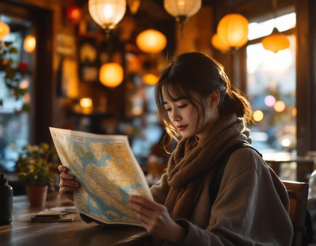 Jeune voyageur étudie un plan dans un café tokyoïte cosy, évoquant un budget voyage au japon
