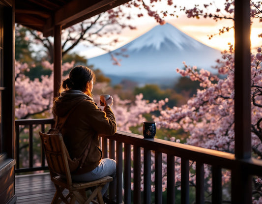 Personne sirotant matcha sous un cerisier en fleurs, évoquant le japon agence de voyage.