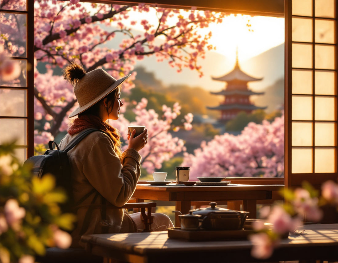 Voyageur boit du thé dans un ryokan entouré de sakura en fleur, circuit voyage japon authentique