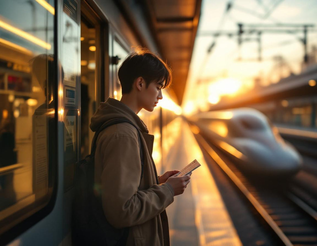 Personne montant dans un shinkansen au lever du jour, montrant son billet shinkansen à quai